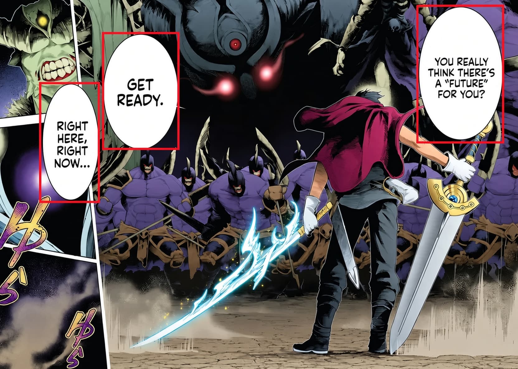 A manga page with red boxes around three speech bubbles